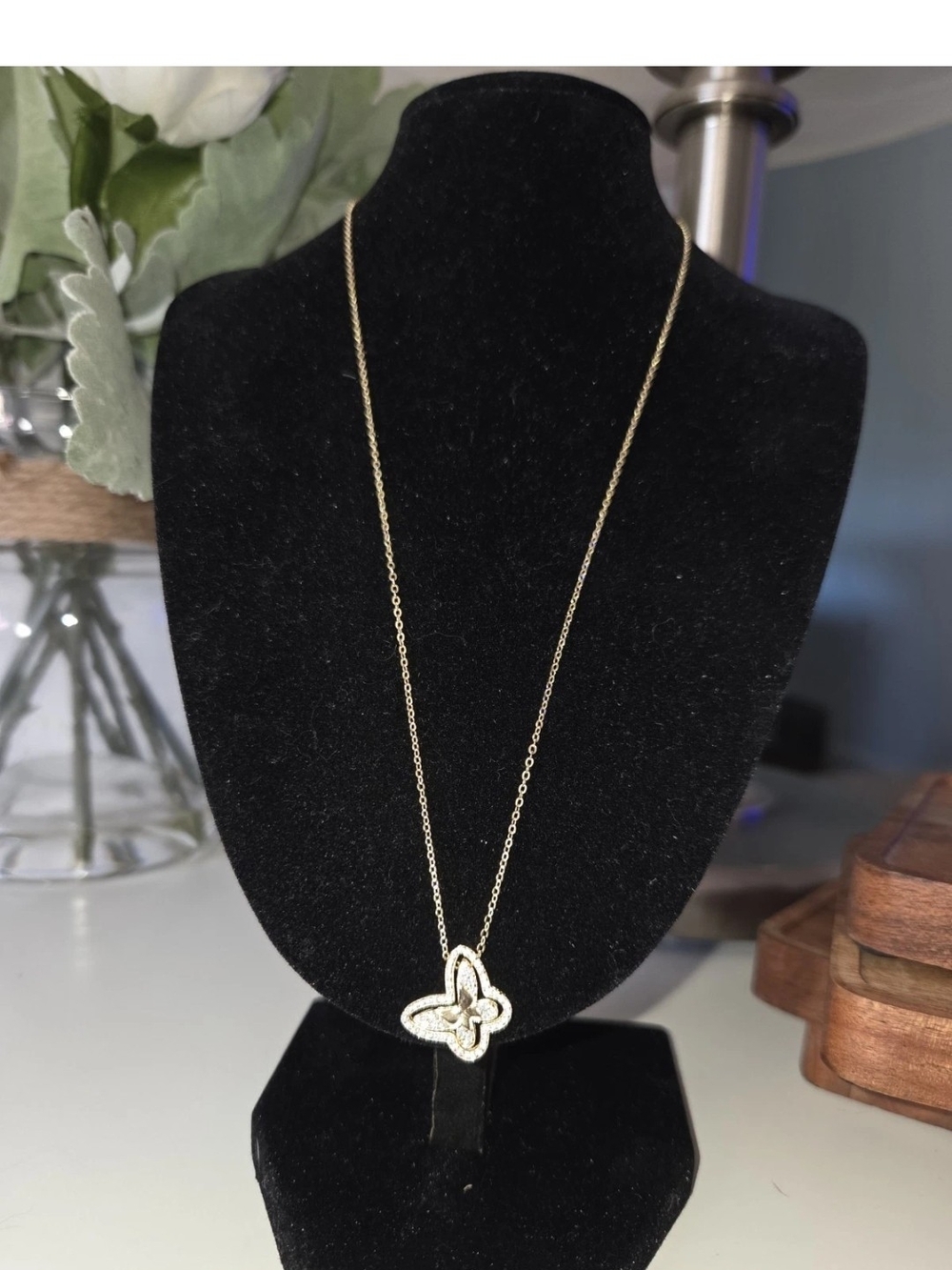 Gold Over 925 Sterling Silver Neclace 18in Moissanite Double Butterfly Pendant